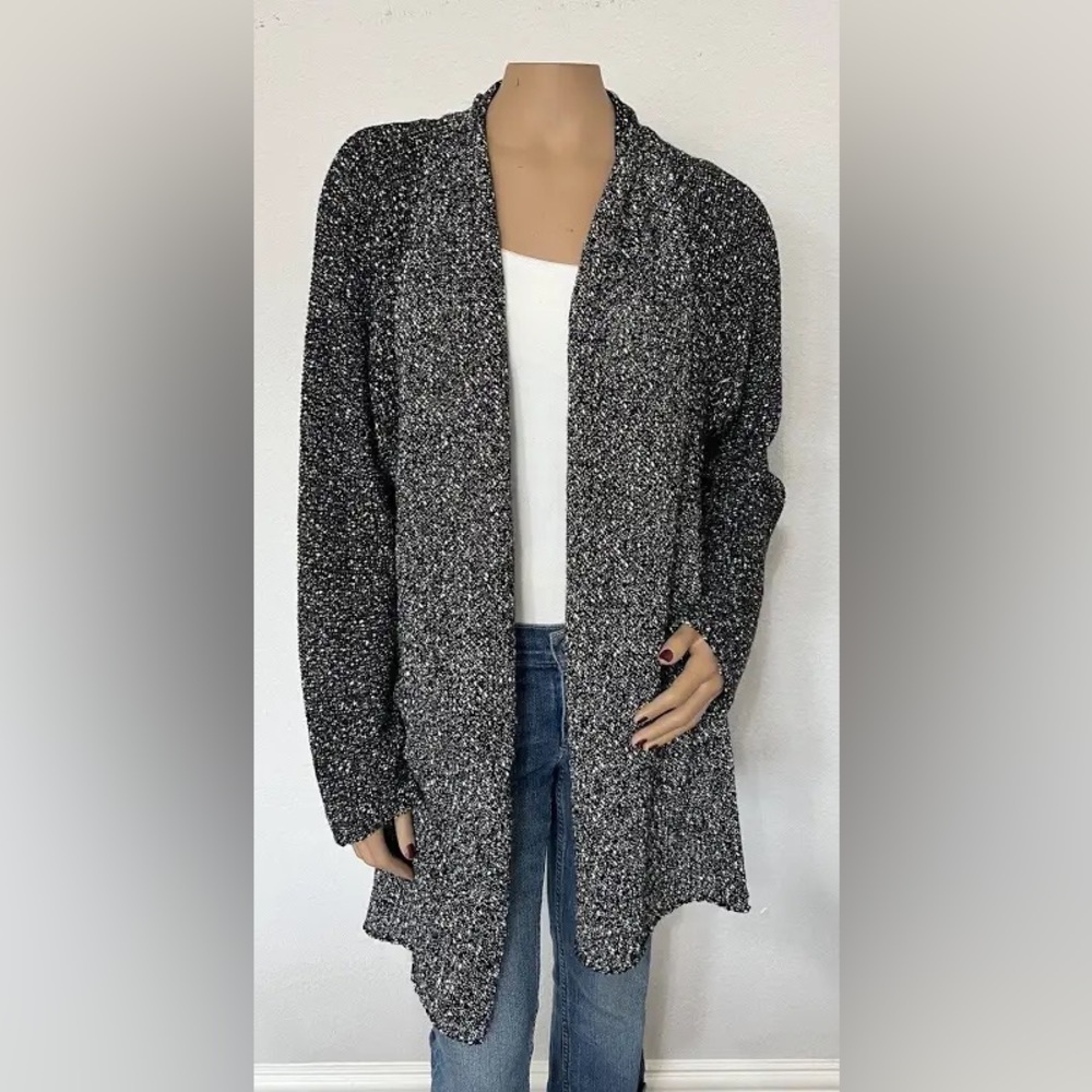 Eileen Fisher Boucle Knit Open Cardigan Duster in Black and White Speckle